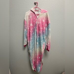Kids Plush Hooded Onesie Pajamas - Pink Blue Star Ombre